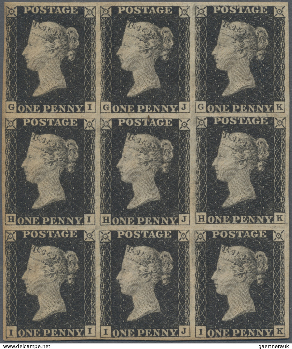 Great Britain: 1840 1d. Black, Plate 4, BLOCK OF NINE (GI/IK), Mounted Mint With - Other & Unclassified