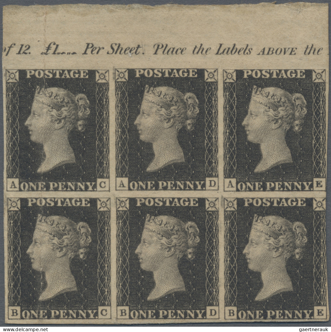 Great Britain: 1840 1d. Black, Plate 8, Horizontal MARGINAL BLOCK OF SIX From Th - Other & Unclassified