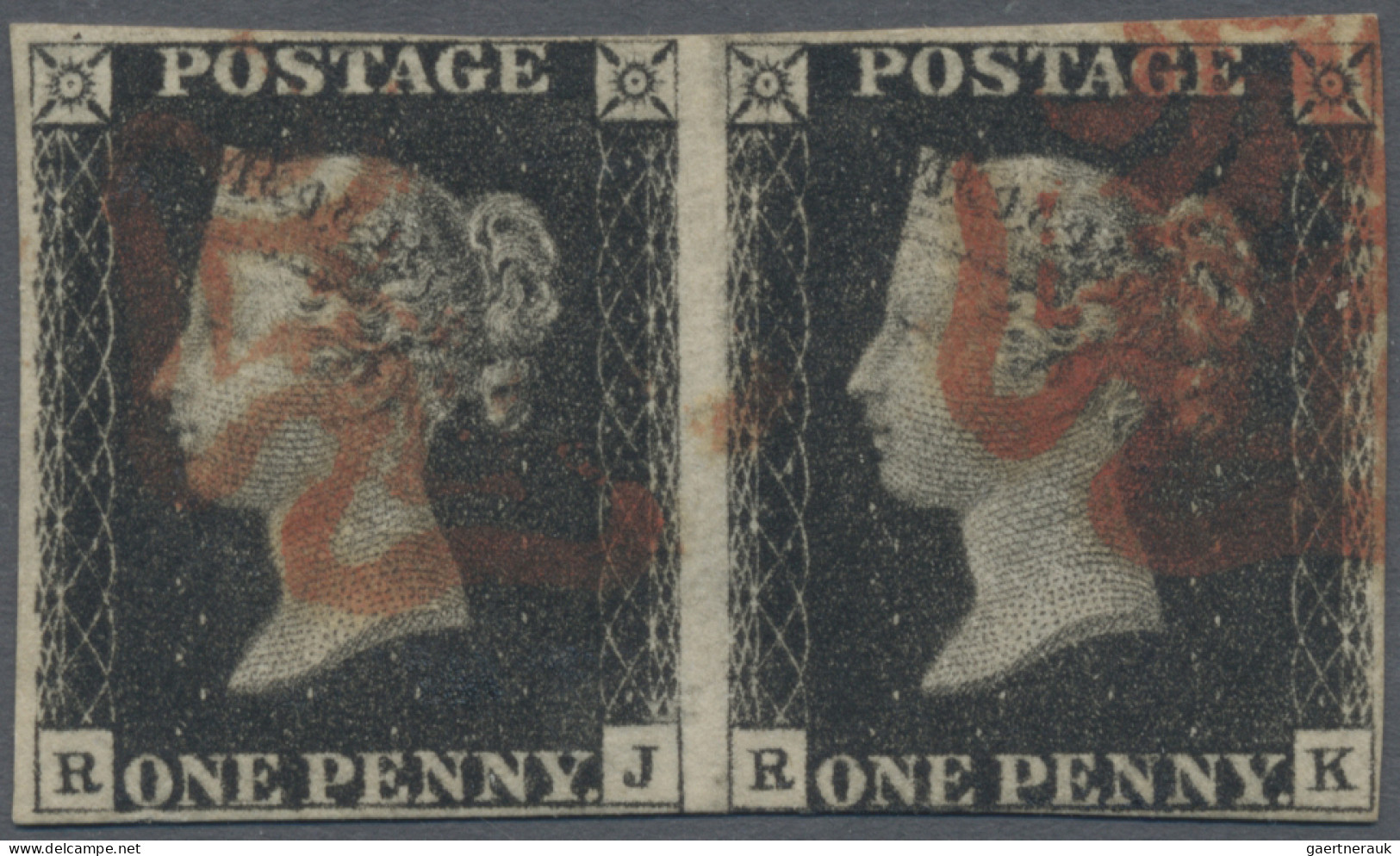 Great Britain: 1840, 1d. Black, Plate 5, Horizontal Pair Lettered "R-J"/"R-K", D - Oblitérés