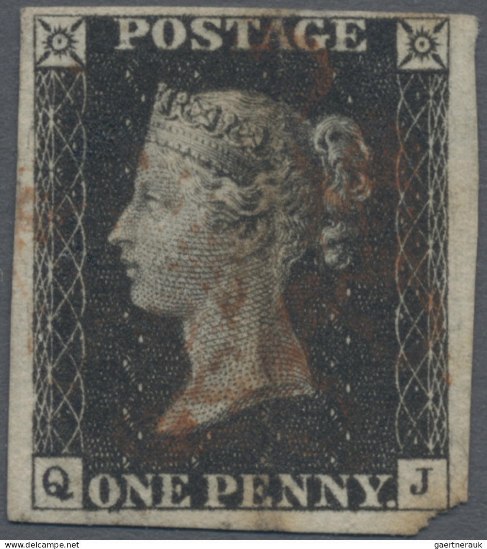 Great Britain: 1840/1841, Inverted Watermark, Four Used Stamps: 1d. Black, Plate - Gebruikt