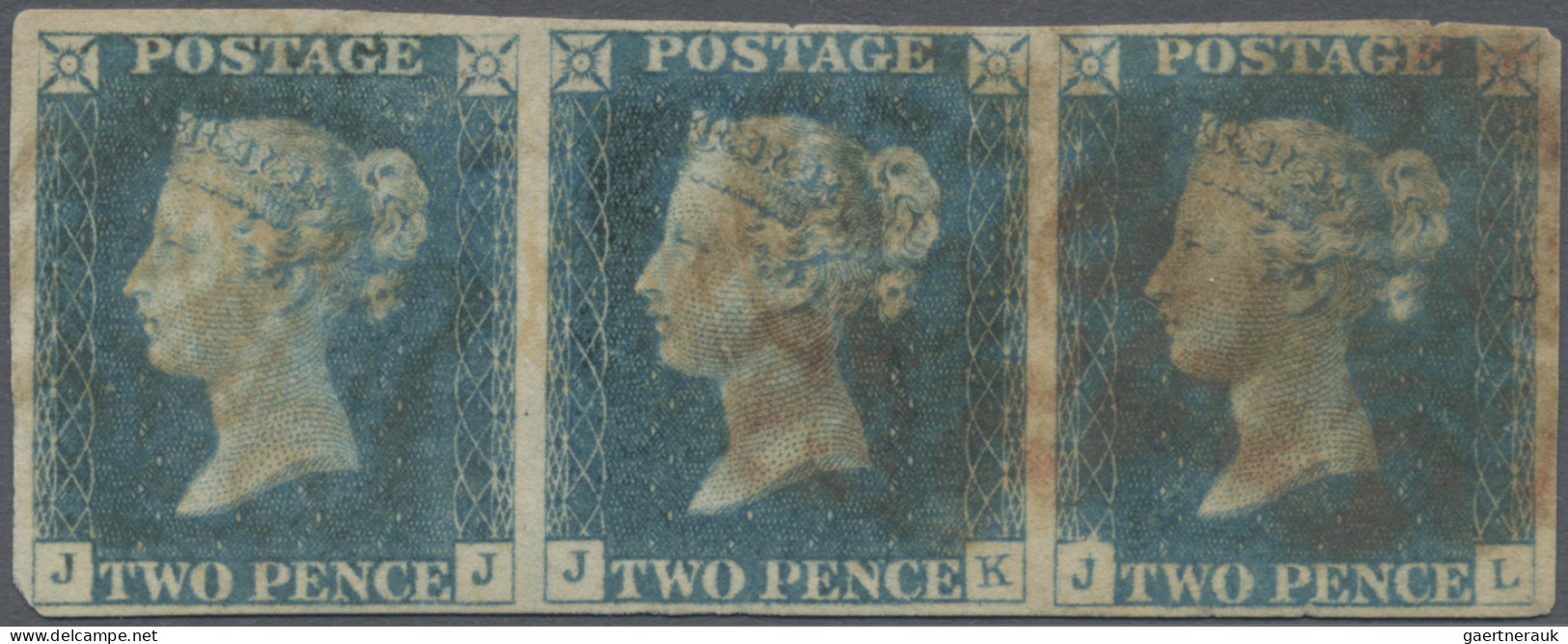 Great Britain: 1840, 2d. Blue, Plate 1, Horizontal Strip Of Three, Lettered "J-J - Oblitérés