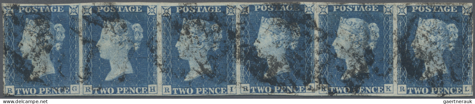 Great Britain: 1840, 2d. Blue, Plate 1, Horizontal Strip Of Six, Lettered "R-G" - Gebruikt