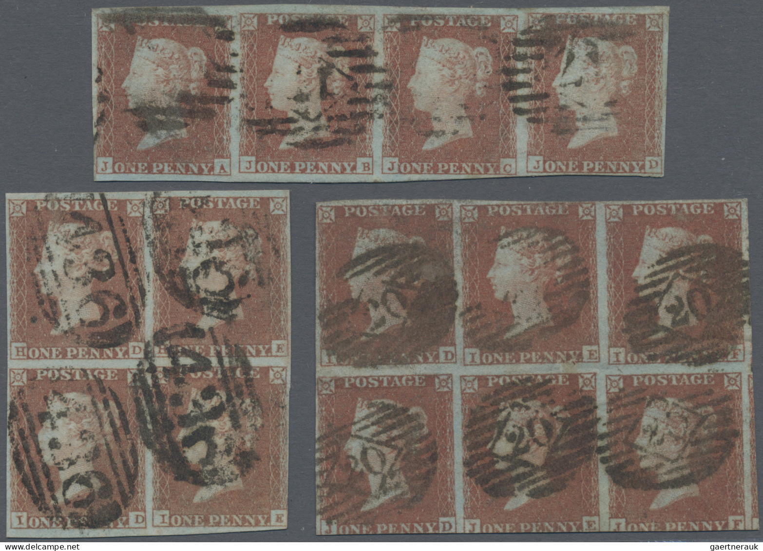 Great Britain: 1849 1d. Red-brown On Bluish Paper: STRIP OF FOUR From Plate 92 C - Other & Unclassified