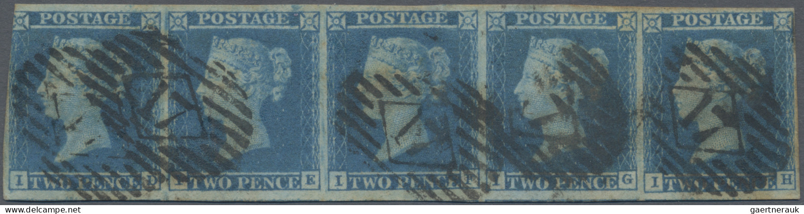 Great Britain: 1841, 2d. Blue "white Line", Plate 3, Horizontal Strip Of Five, L - Used Stamps