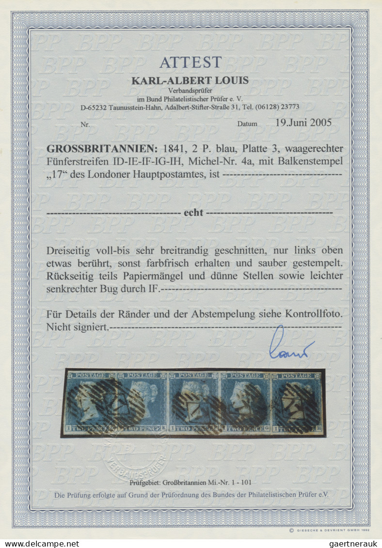 Great Britain: 1841, 2d. Blue "white Line", Plate 3, Horizontal Strip Of Five, L - Used Stamps