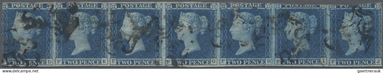 Great Britain: 1841, 2d. Blue "white Line", Horizontal Strip Of Seven, Lettered - Used Stamps