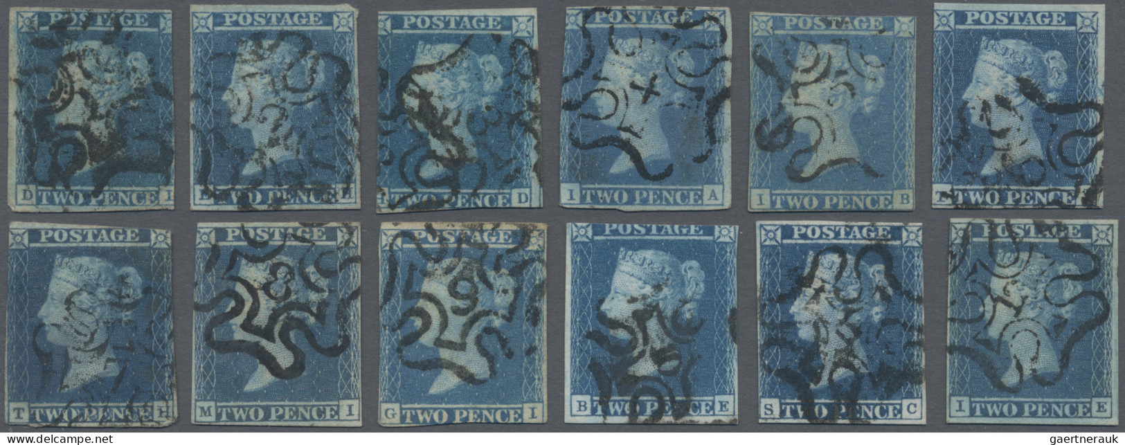 Great Britain: 1841, 2d. Blue "white Line", Twelve Copies Bearing MC With Number - Used Stamps