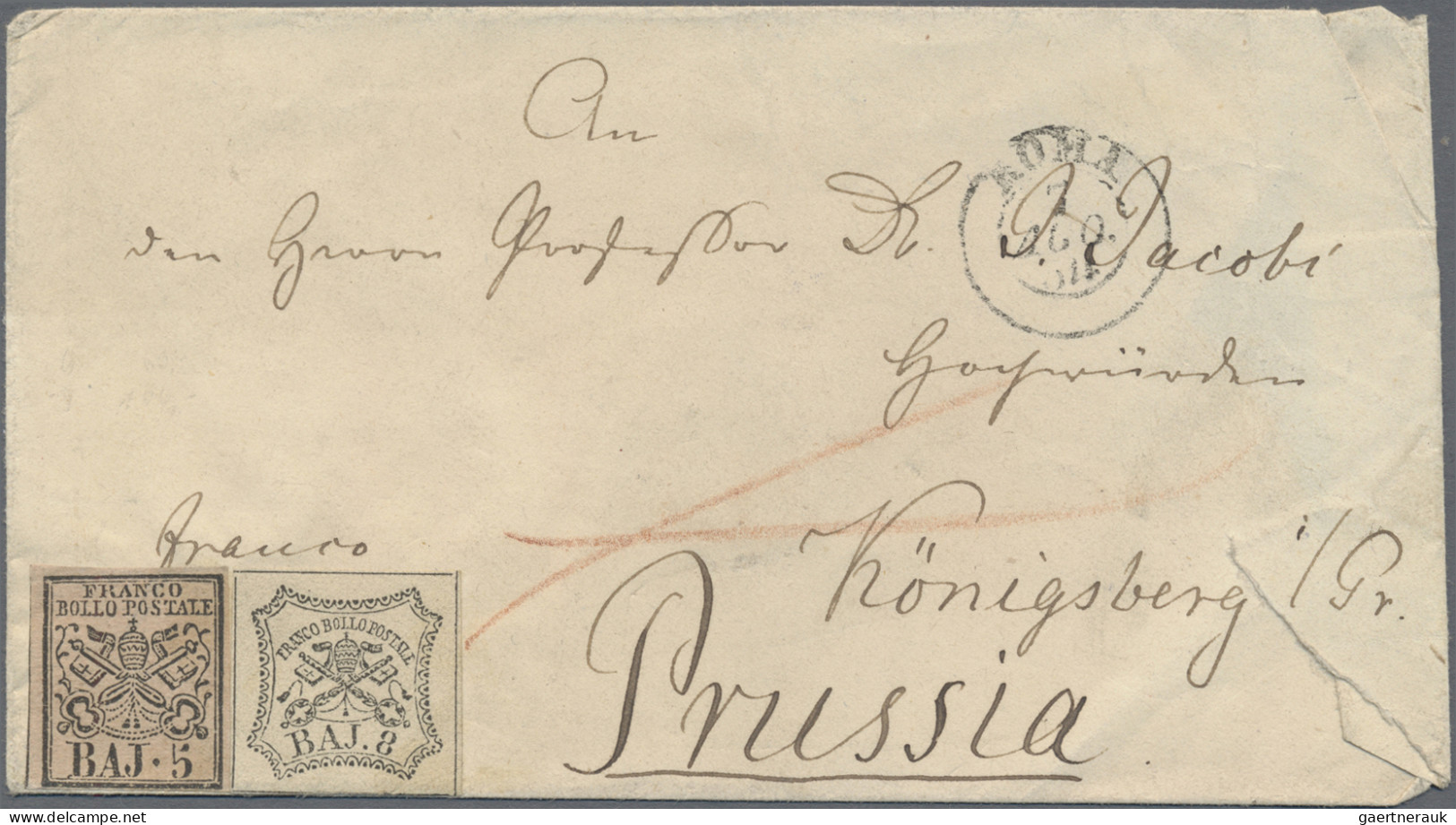 Italian States - Papal State: 1852, 5 Baj. Bzw. 8 Baj., Je Unentwertet Auf Brief - Papal States