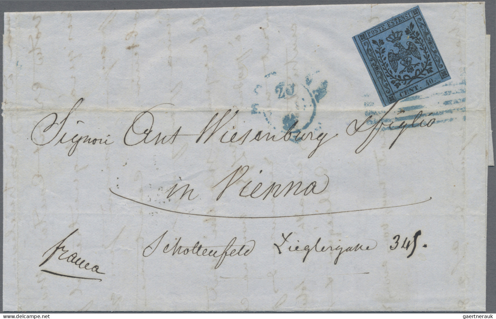 Old Italian States: Modena: 1852, 40 C. Schwarz Auf Blau, Type I, Teils Gering B - Modène