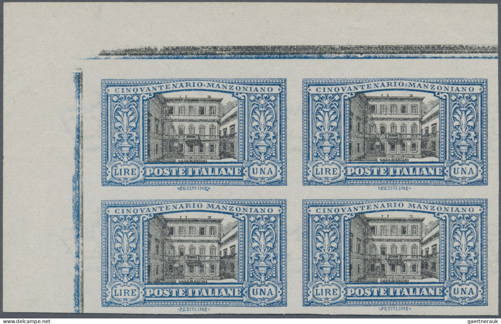 Italy: 1923, 1 L Manzoni, Mint Without Gum, IMPERFORATE Block Of Four With Sheet - Mint/hinged