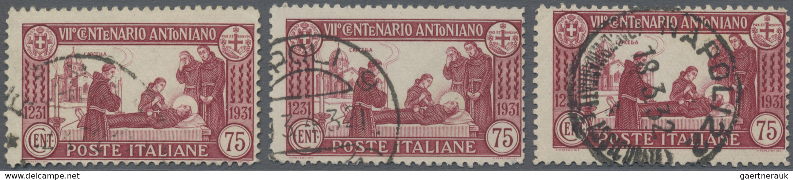 Italy: 1931, 75 C "S. Antonio" Perforation 12 (instead Of 14), Three Items, All - Afgestempeld