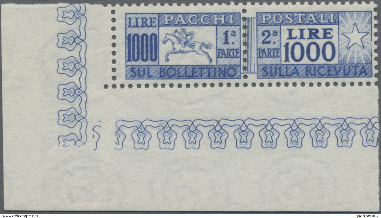 Italy: 1954, 1000 L Ultramarin, With Sheet Margains From The Lower Left Corner O - Paketmarken
