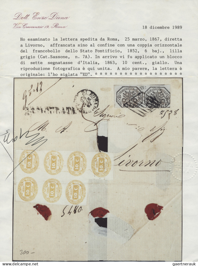 Italy - Postage Dues: 1867, Letter From Rome To Livorno, Franked To The Border W - Taxe