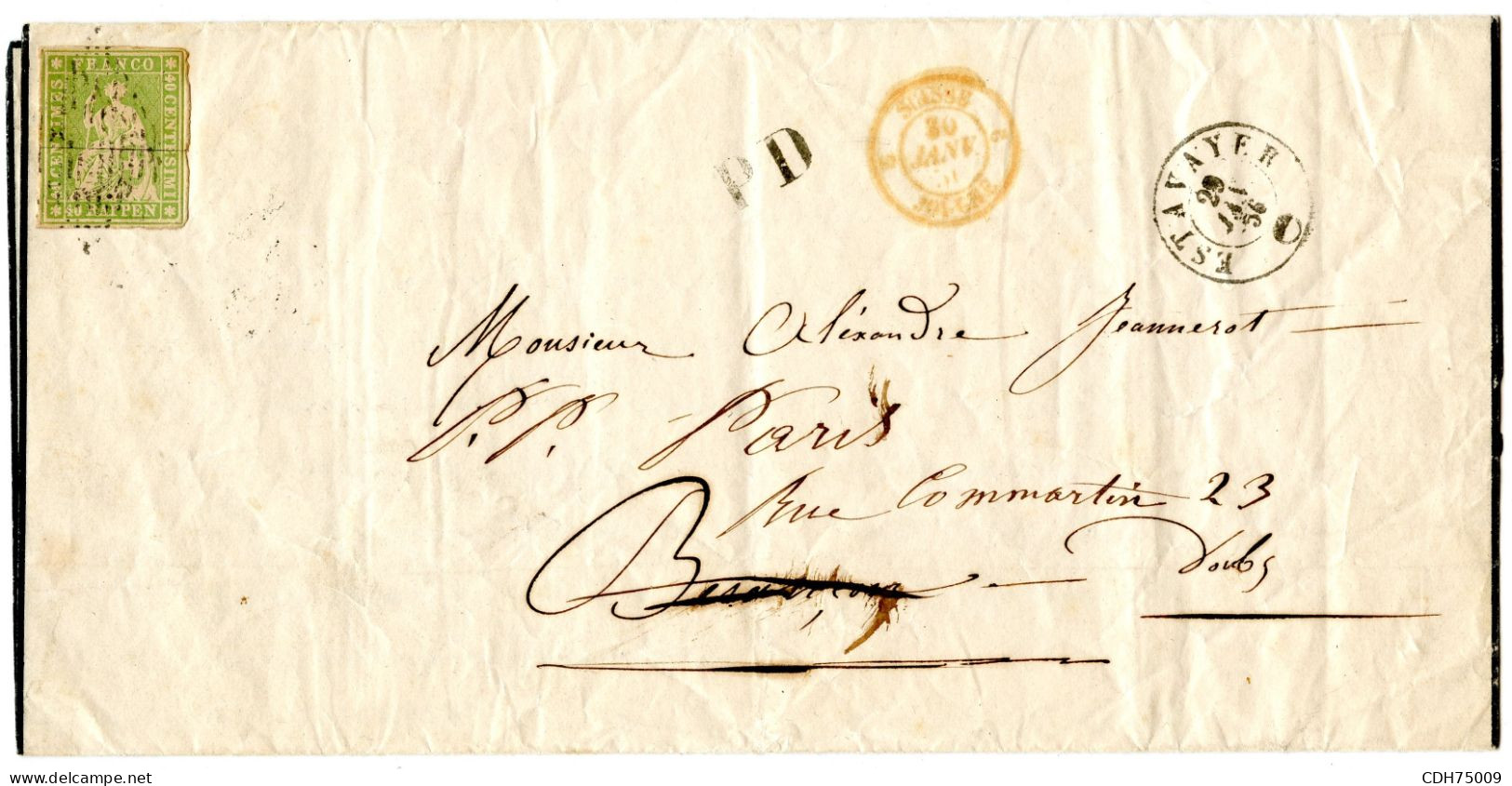 SUISSE - 40 RP SUR FAIRE PART DE DEUIL D'ESTAVAYER POUR BESANCON, 1856 - Briefe U. Dokumente