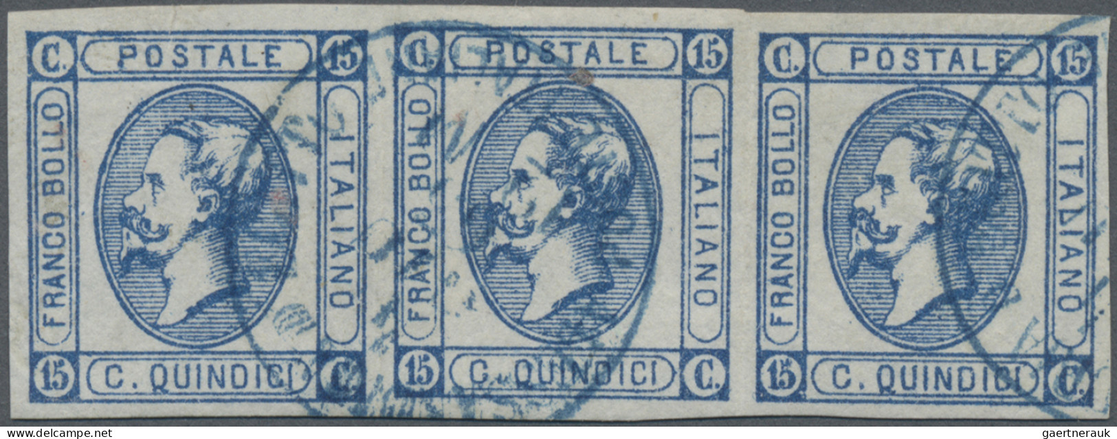 Italian PO In Turkey: 1863 15 C. Blue, Imperforate Strip Of Three With Large Mar - Amtliche Ausgaben