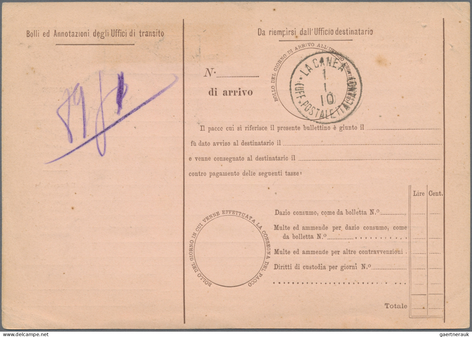 Italy - Postal Stationary: 1908, Italian Postal Stationery Parcel Card Overprint - Entiers Postaux