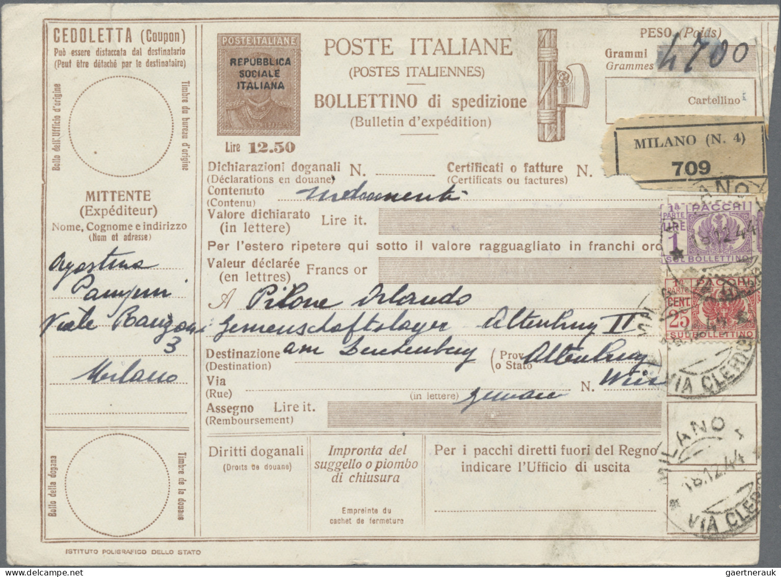 Italy - Postal Stationary: 1944, Parcel Despatch Form 12.50lire Brown Used From - Ganzsachen