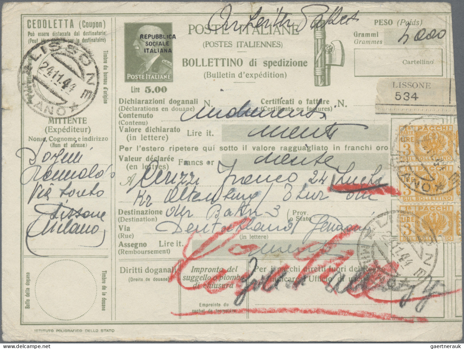 Italy - Postal Stationary: 1944, Parcel Despatch Form 5lire Olive Used From "LIS - Stamped Stationery