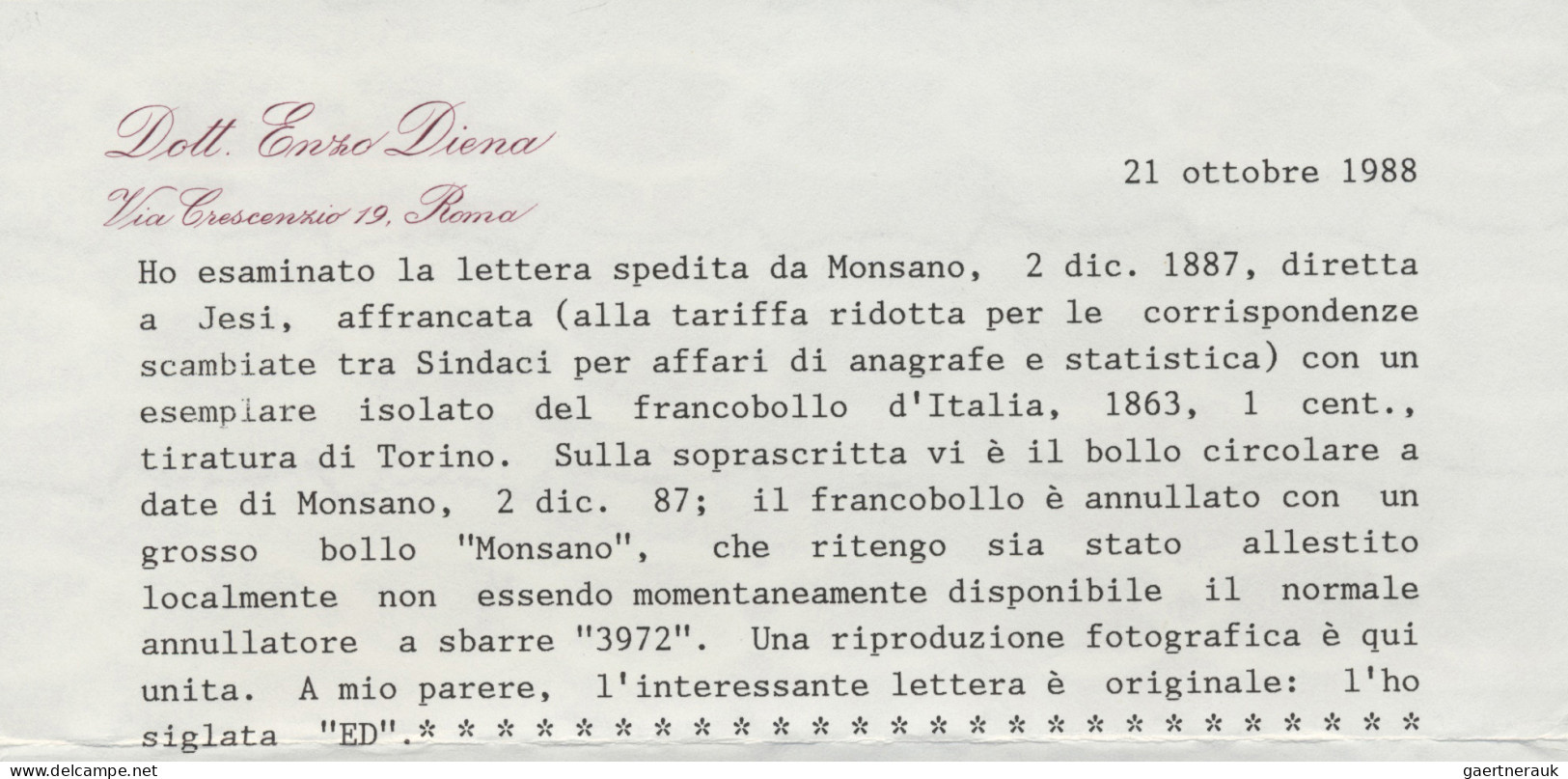 Italy - Post Marks: MONSANO: Circular From Monsano To Jesi, Franked With 1 Cente - Marcophilia