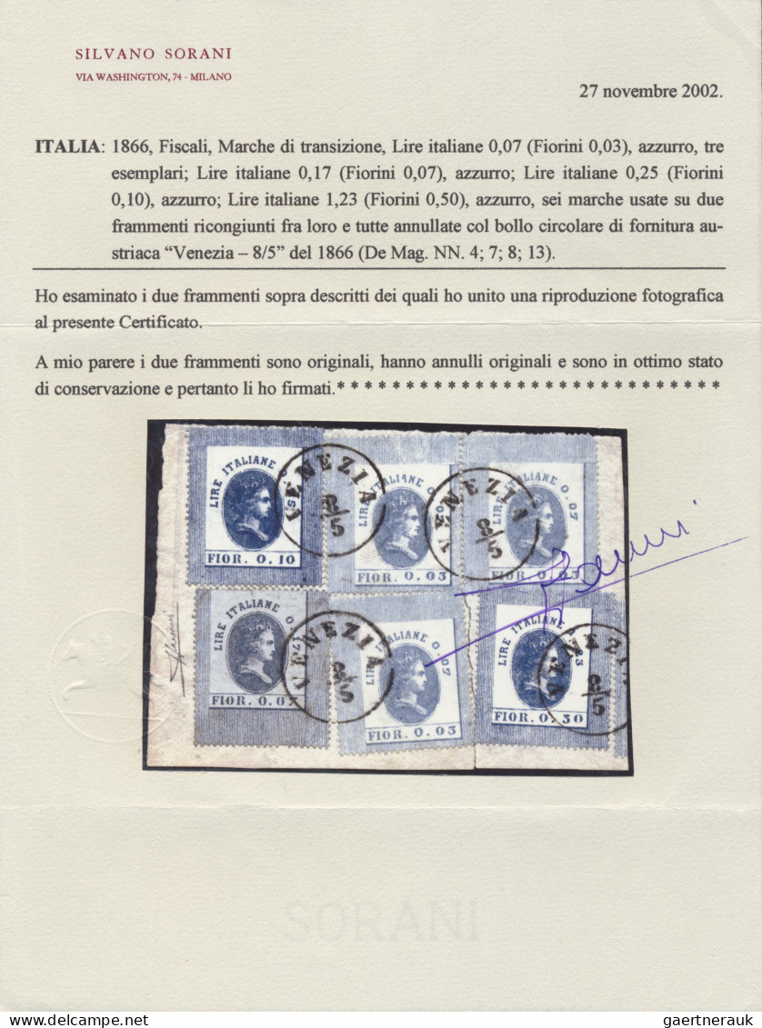 Italy - Specialities: 1866, Six Transitional Fiscal Stamps - 3x Lire Italiane 0, - Sonstige