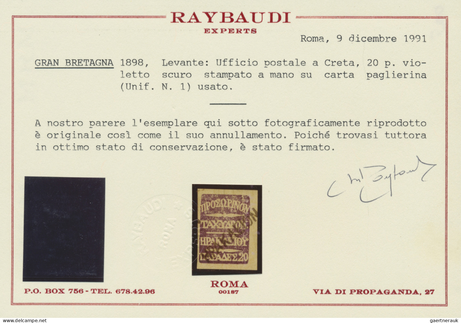 Crete: 1898, 20pa. Bright Violet, Cancelled "HERAKLEION", Cert. Raybaudi (1991). - Crete