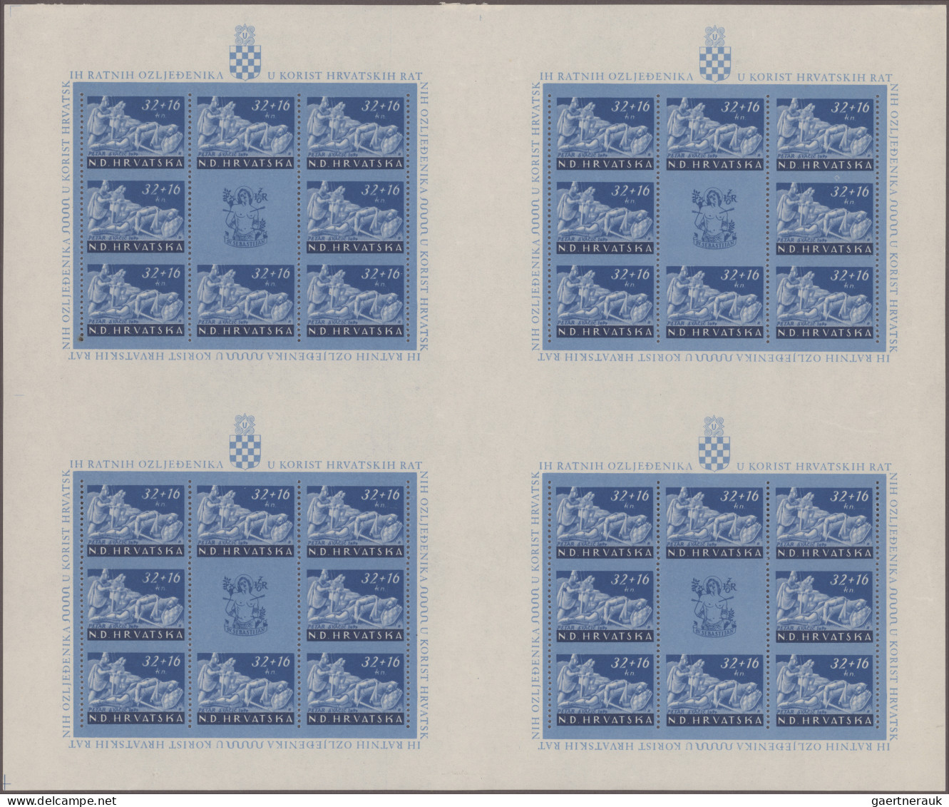 Croatia: 1944, War Relief, complete set of four values in cross gutter sheets of