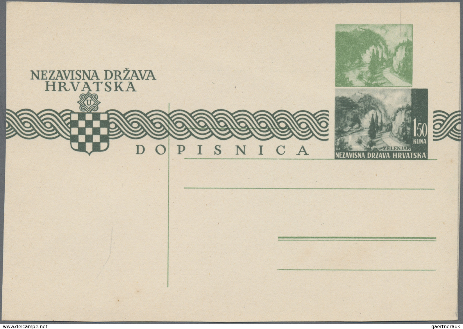 Croatia: 1941/1944, Postal Card 1.50k. Russian Green/green Showing Variety "impr - Kroatië