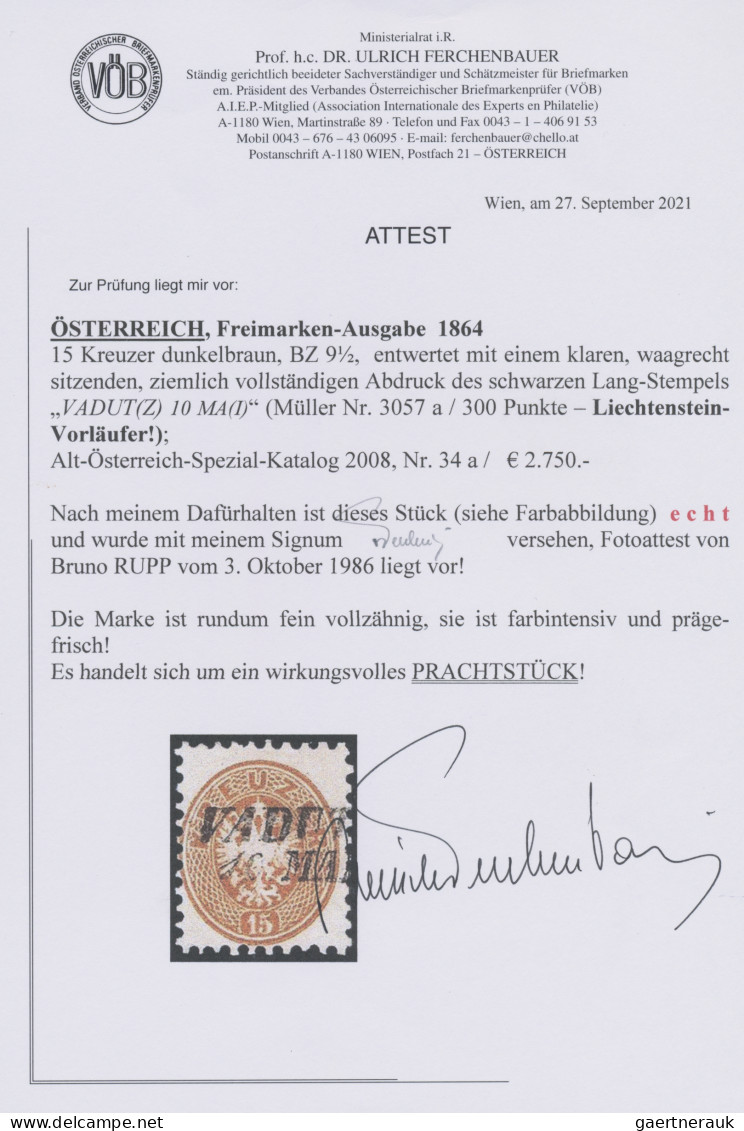 Liechtenstein - Vor- Und Mitläufer: 1864, Österreich 15 Kr Dunkelbrauen, Weite Z - ...-1912 Prephilately