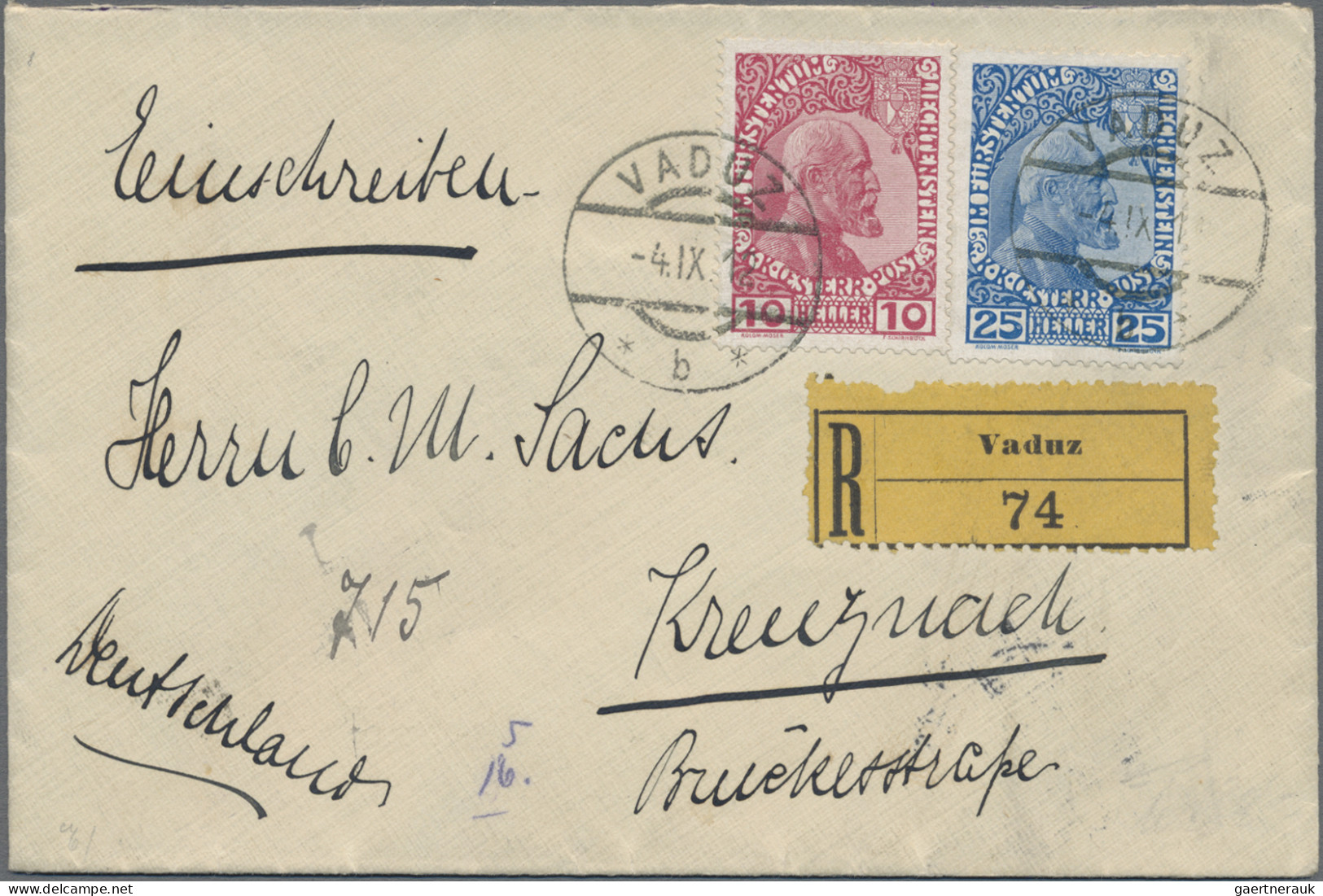 Liechtenstein: 1912, 10 U.25 H. Fürst Auf Gestr. Papier Auf R-Brief Von Vaduz Na - Briefe U. Dokumente