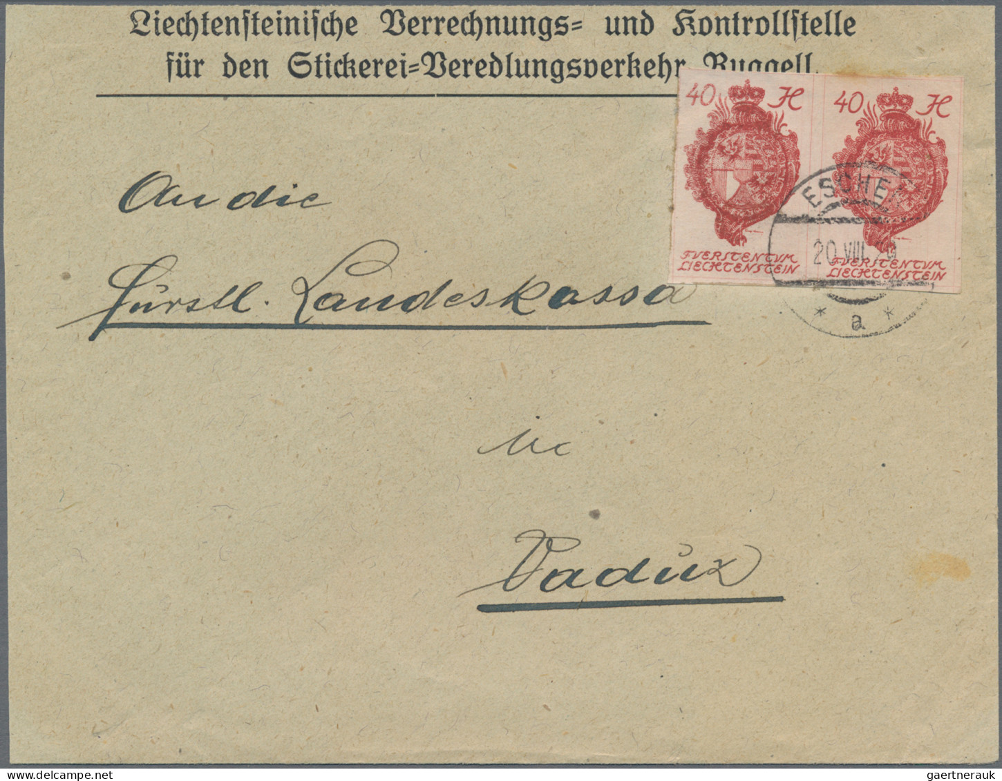 Liechtenstein: 1920, 40 H. Wappen Ungez. Im Paar Sowie 40 Rp. Wappen Ungez. Mit - Briefe U. Dokumente