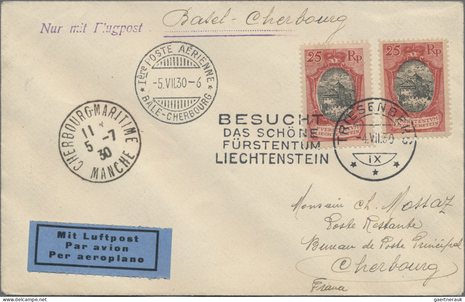 Liechtenstein: 1930, 2x 25 Rp. Burg Vaduz Auf LP-Brief Mit Erstflug Basel-Cherbo - Lettres & Documents