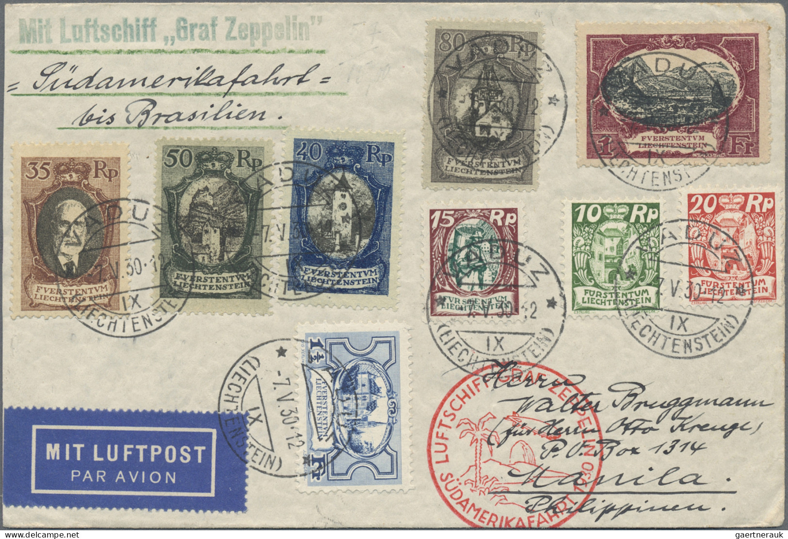 Liechtenstein: 1930 Zeppelin 'Südamerikafahrt': Brief Von Vaduz Nach Manila, PHI - Lettres & Documents