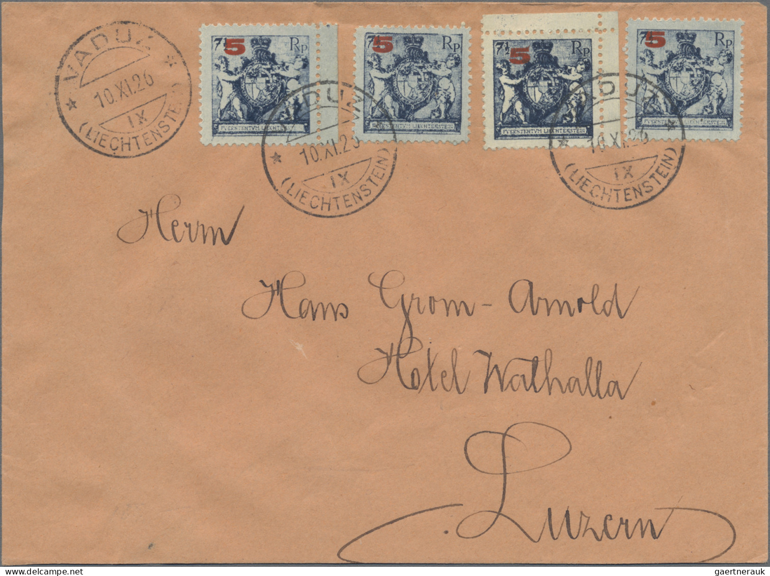 Liechtenstein: 1925, 5 A. 7 1/2 Rp. Putten Gez. 9 1/2 Im 4er-Block Auf Brief, 5 - Covers & Documents