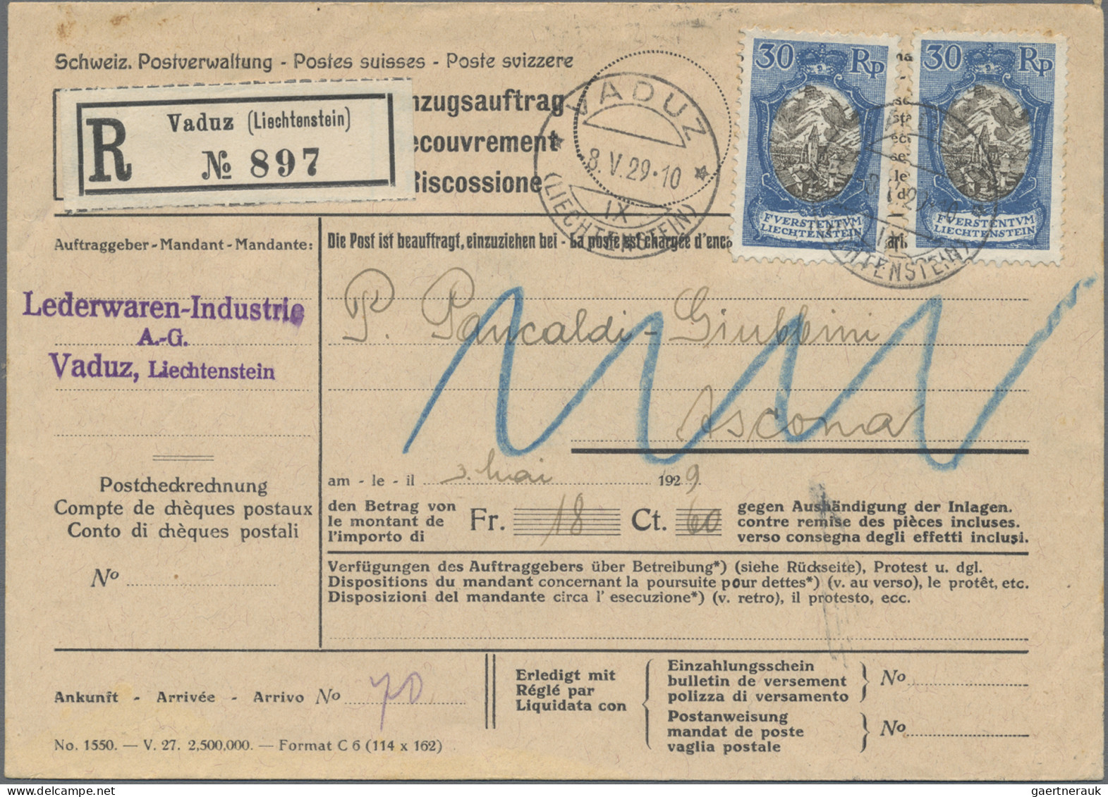 Liechtenstein: 1927/30, 30 Rp. Kirche Bendern Ultramarin 3x Auf Eilbrief Von Vad - Lettres & Documents