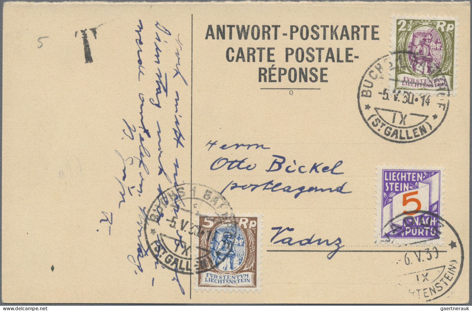 Liechtenstein: 1929, 2 1/2 Rp. Winzer Im 4er-Block Und Im Paar Auf 2 Portogerech - Cartas & Documentos