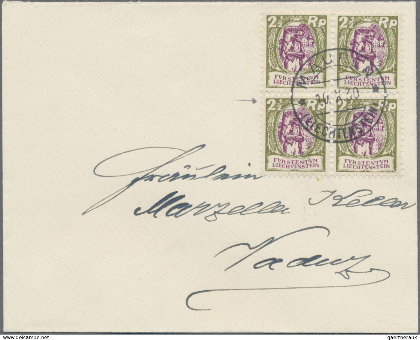 Liechtenstein: 1929, 2 1/2 Rp. Winzer Im 4er-Block Und Im Paar Auf 2 Portogerech - Lettres & Documents