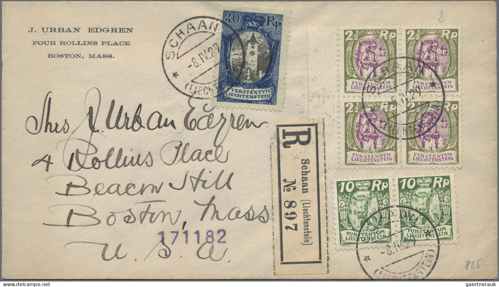 Liechtenstein: 1929, 2 1/2-10 Rp. Und 20 Rp. Winzer/Schloß Je Als 4er-Block Mit - Cartas & Documentos