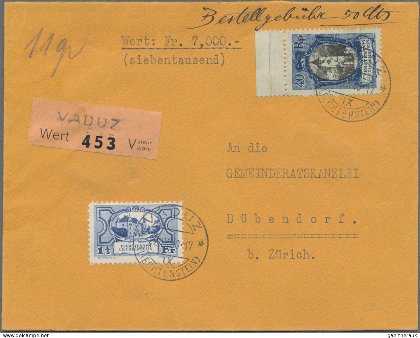 Liechtenstein: 1930, 1 1/2 Fr. Reg.gebäude Mit 40 Rp. Kirche Schaan Auf Wertbrie - Lettres & Documents