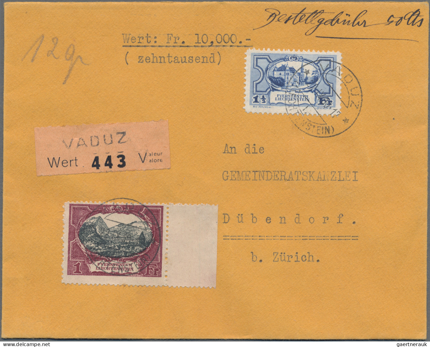 Liechtenstein: 1930, 1 1/2 Fr. Reg.gebäude Mit 1 Fr. Rheintal Auf Wertbrief (Sfr - Lettres & Documents