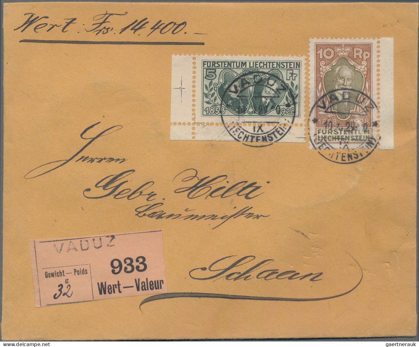 Liechtenstein: 1928, 10 Rp. U. 5 Fr. 70.Jahrestag Der Thronbesteigung Auf Wertbr - Lettres & Documents