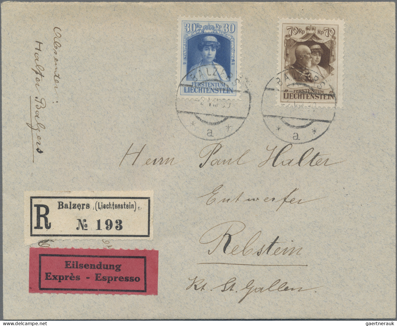 Liechtenstein: 1930, 30 Und 70 Rp. Reg.antritt Fürst Franz Auf Portger. R-Eil-Br - Lettres & Documents
