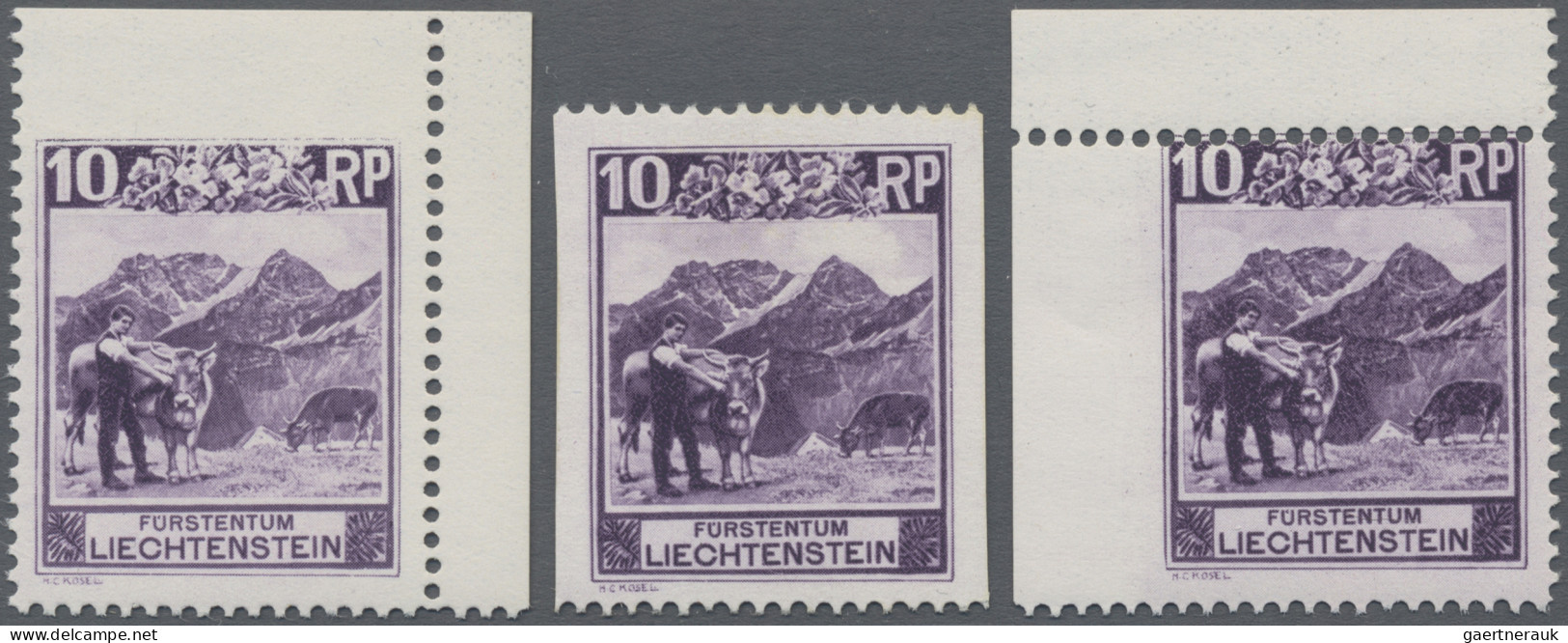 Liechtenstein: 1930, Freimarke Kosel 10 Rp. Bettlerjoch Alpe, 3 Verschiedene Pos - Ongebruikt