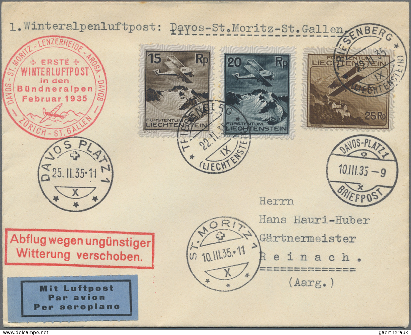 Liechtenstein: 1930, 15,20, 25(2), Und 35 Rp. Flugpost Auf 2 LP-Briefen 1.Winter - Briefe U. Dokumente