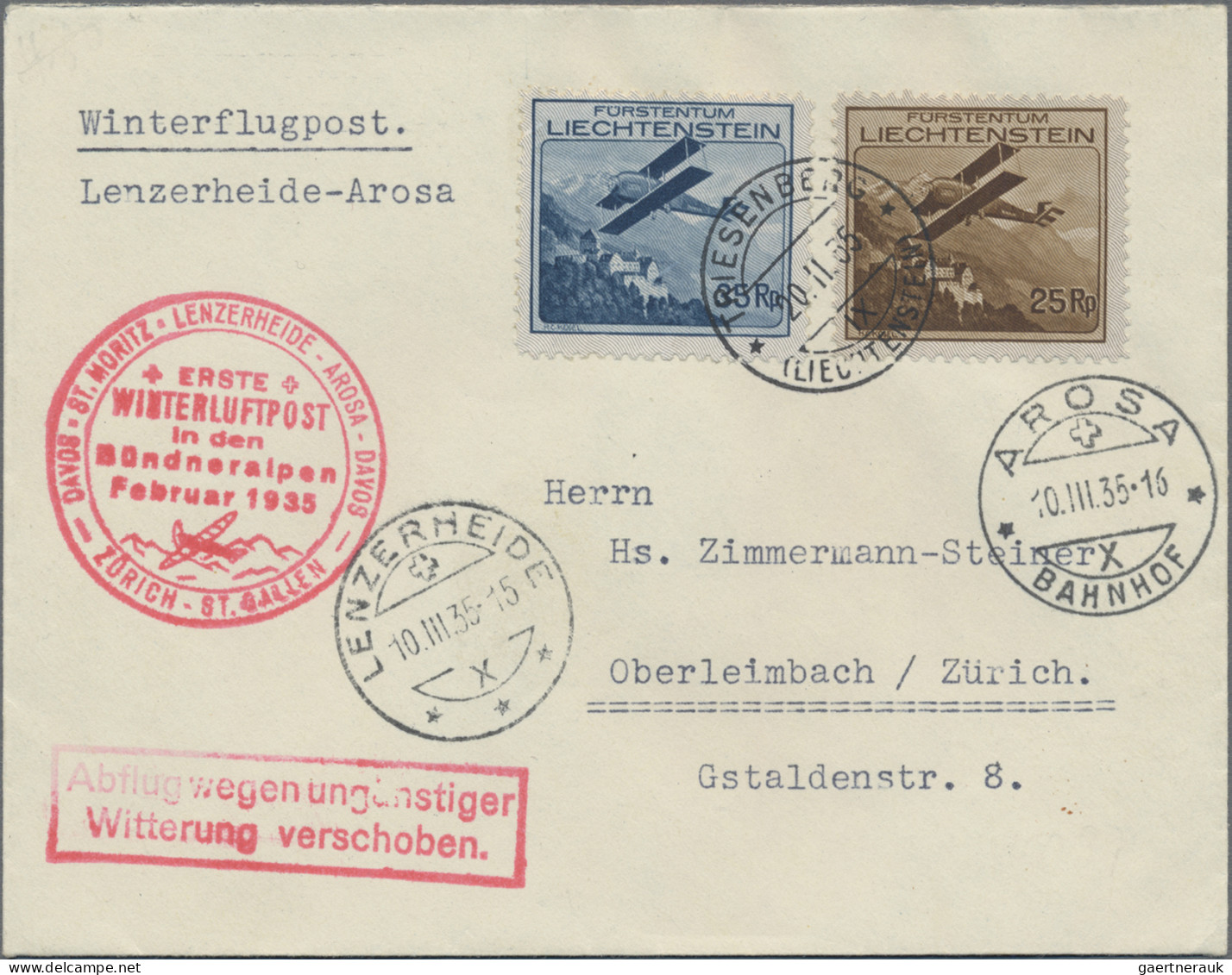 Liechtenstein: 1930, 15,20, 25(2), Und 35 Rp. Flugpost Auf 2 LP-Briefen 1.Winter - Briefe U. Dokumente