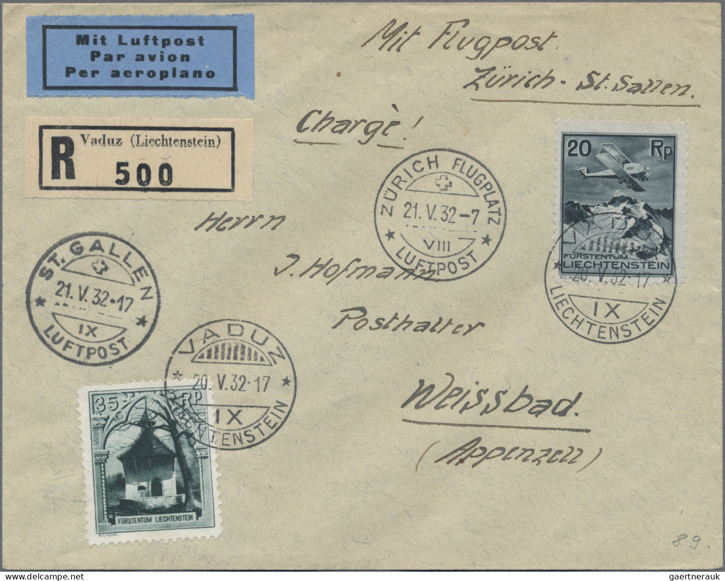 Liechtenstein: 1932, 35 Rp. Rofenbergkaplle Und 20 Rp. Flugpost Mit PF "weißer B - Covers & Documents