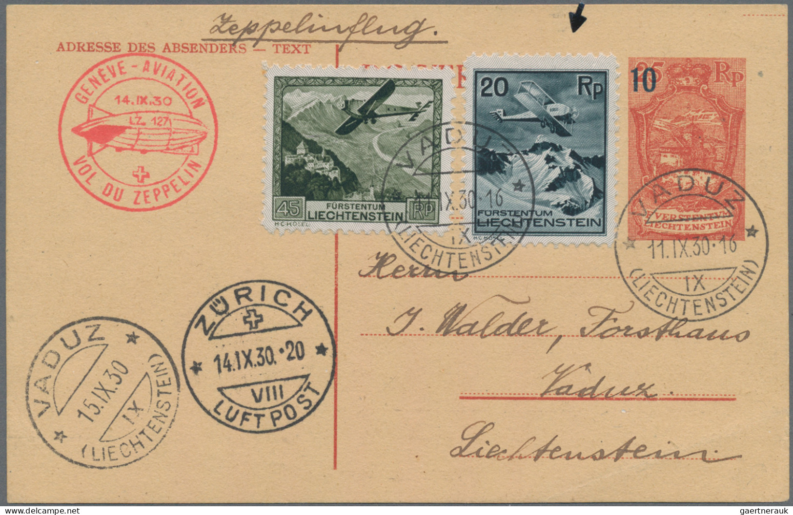 Liechtenstein: 1930, 20 Rp. Flugpost Mit PF "weißer Berggipfel" Mit 45 Rp. Flugp - Brieven En Documenten