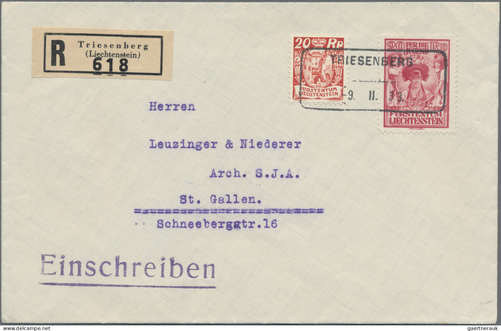 Liechtenstein: 1933, Jugendfürsorge 10 Rp., 2x 10 Rp. Und 20 Rp. Mit ZuF Auf 3 S - Covers & Documents