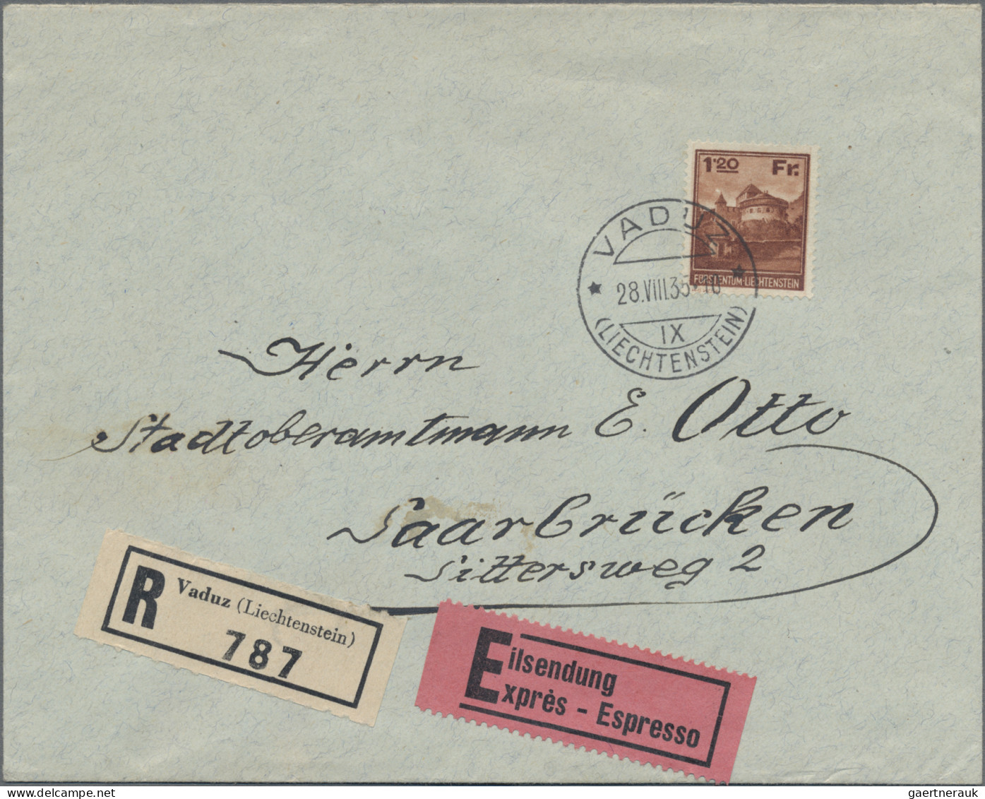 Liechtenstein: 1935, 1.20 Fr. Schloss Vaduz Als Portogerechte EF Auf R-Eil-Brief - Briefe U. Dokumente
