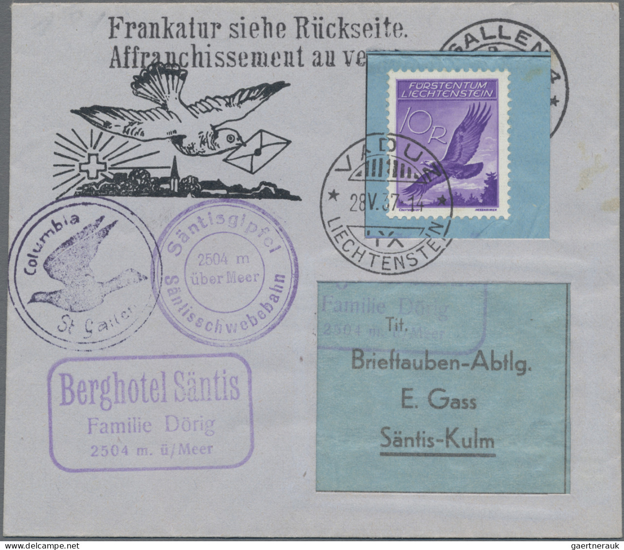 Liechtenstein: 1937, 10 Rp. Flugpost Adler Auf Kleinem Briefchen Mit 1. Brieftau - Briefe U. Dokumente