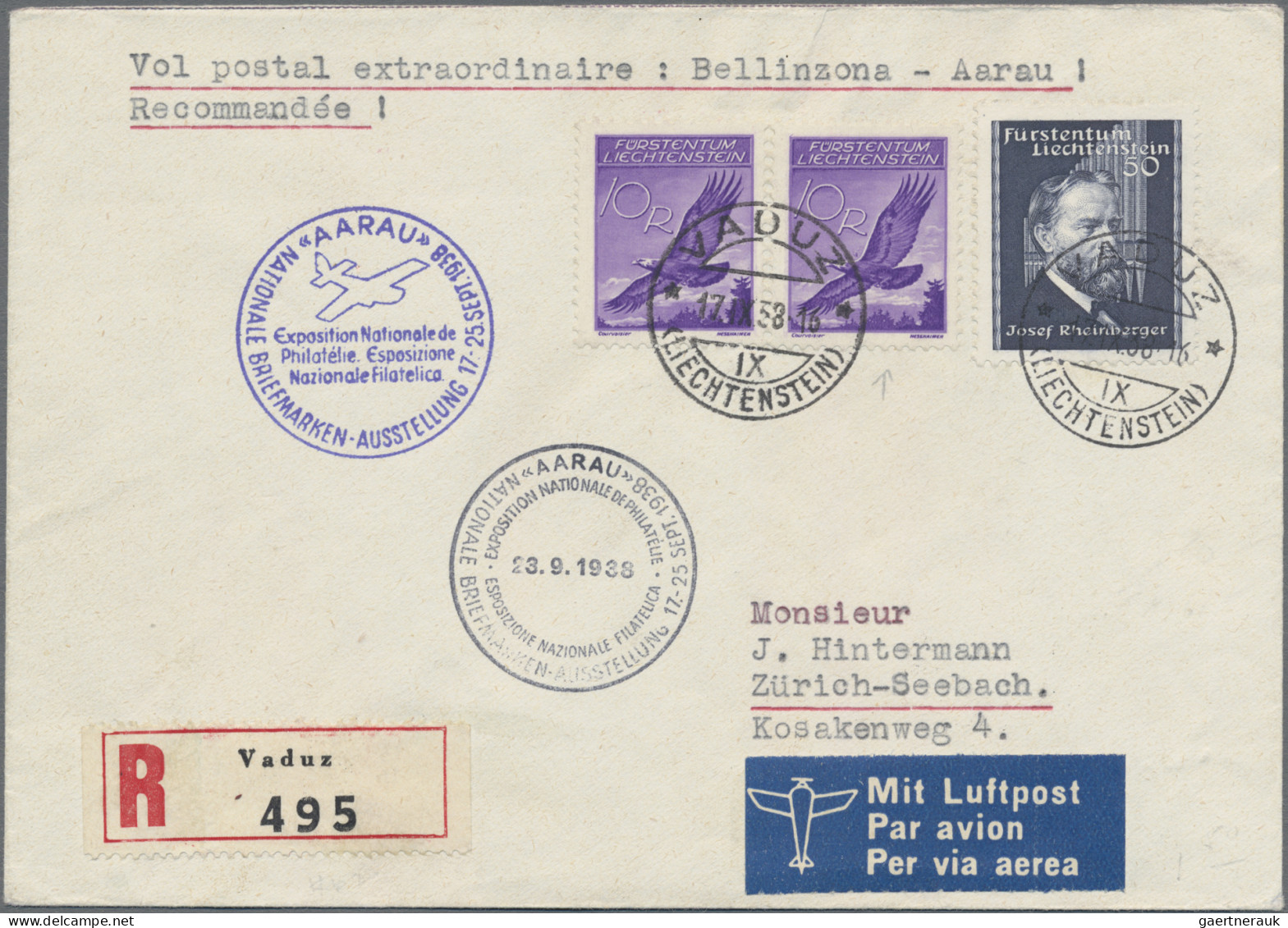 Liechtenstein: 1938, 10 Rp. Flugpost Adler Im Paar, Dabei PF " Retusche über Dem - Briefe U. Dokumente